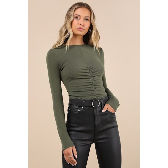 Lulus Tops - NWT Lulus Casual Energy Olive Green Ruched Long Sleeve Crew Neck Top - Size M